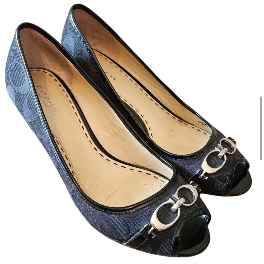 Coach Monogram Wedge Canvas Black Heel Shoes Size 9 Black